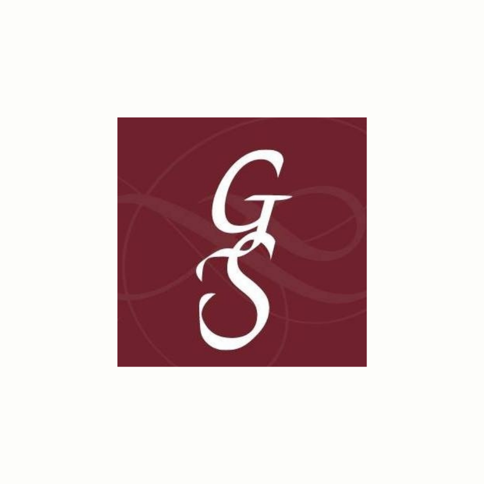 Maroon square logo with stylized white overlapping letters G and S