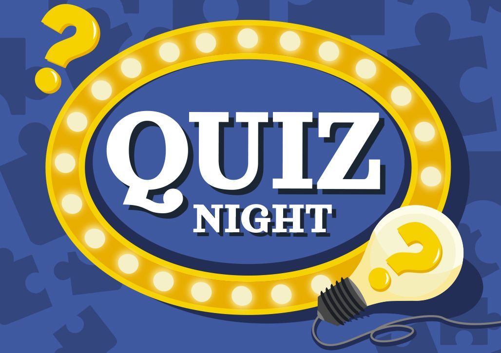 Quiz Night sign in a blue oval with yellow lights and question marks on a blue background