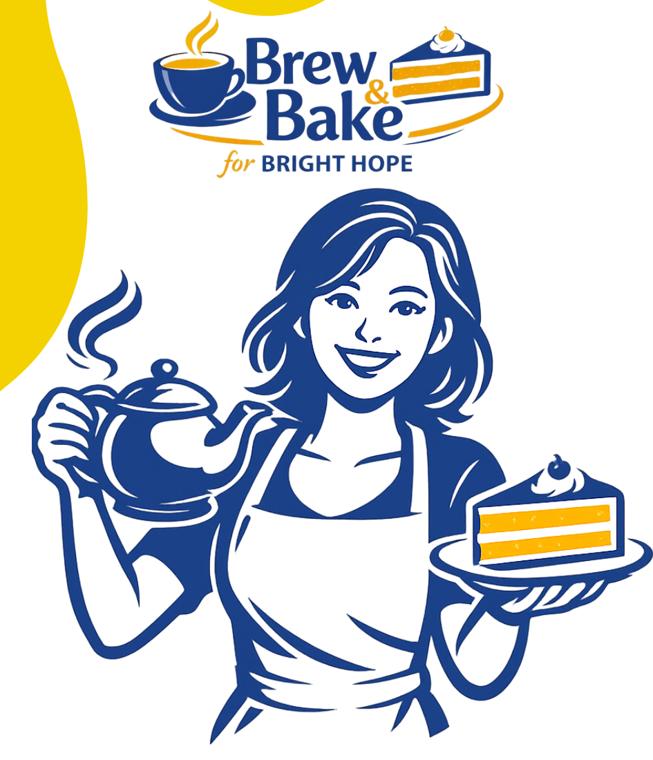 Brew Bake for Bright Hope logo with blue woman holding coffee and cake, yellow-white background, fundraiser text