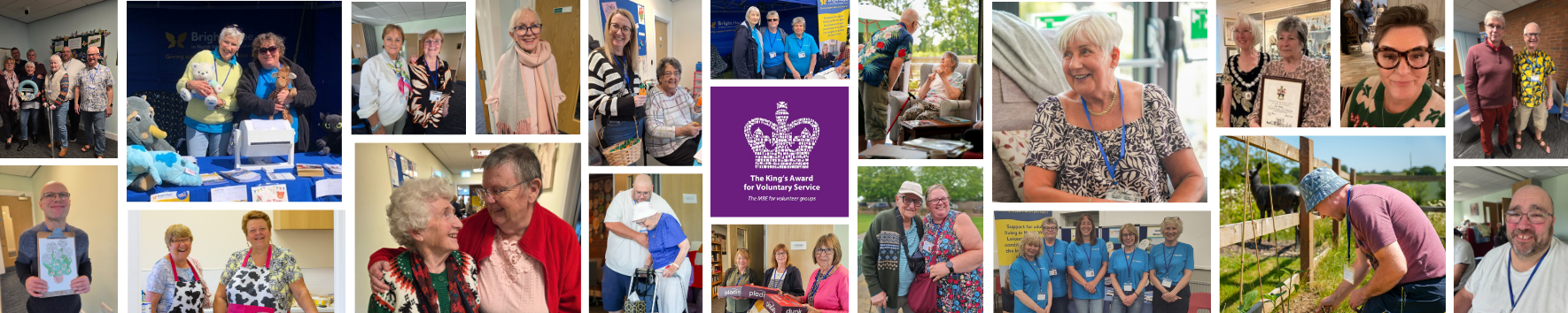 Collage of people at community events and group portraits, including a purple civic logo panel in the center.