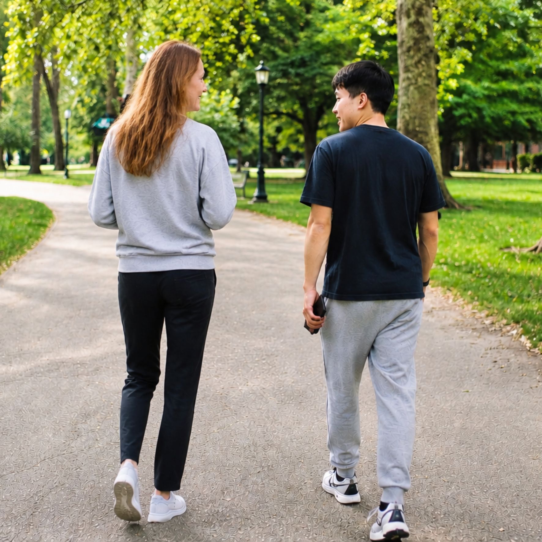 Two people walking on a tree-lined park path, seen from behind