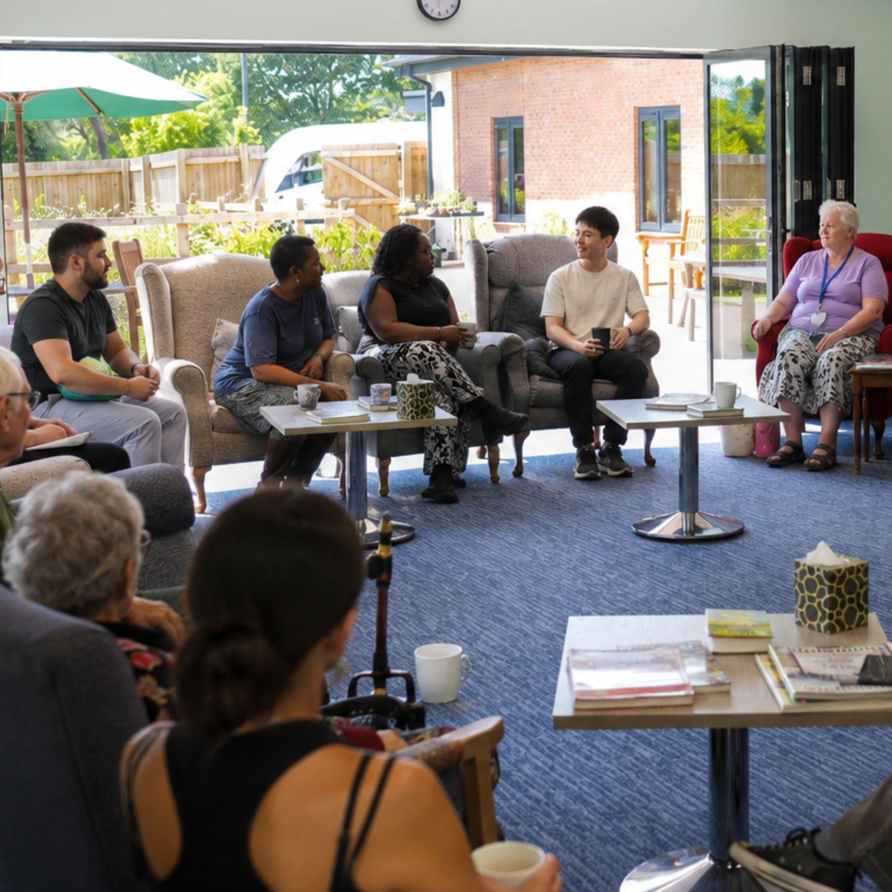 Small group meeting in a bright room, seated in a circle and talking with coffee tables nearby.