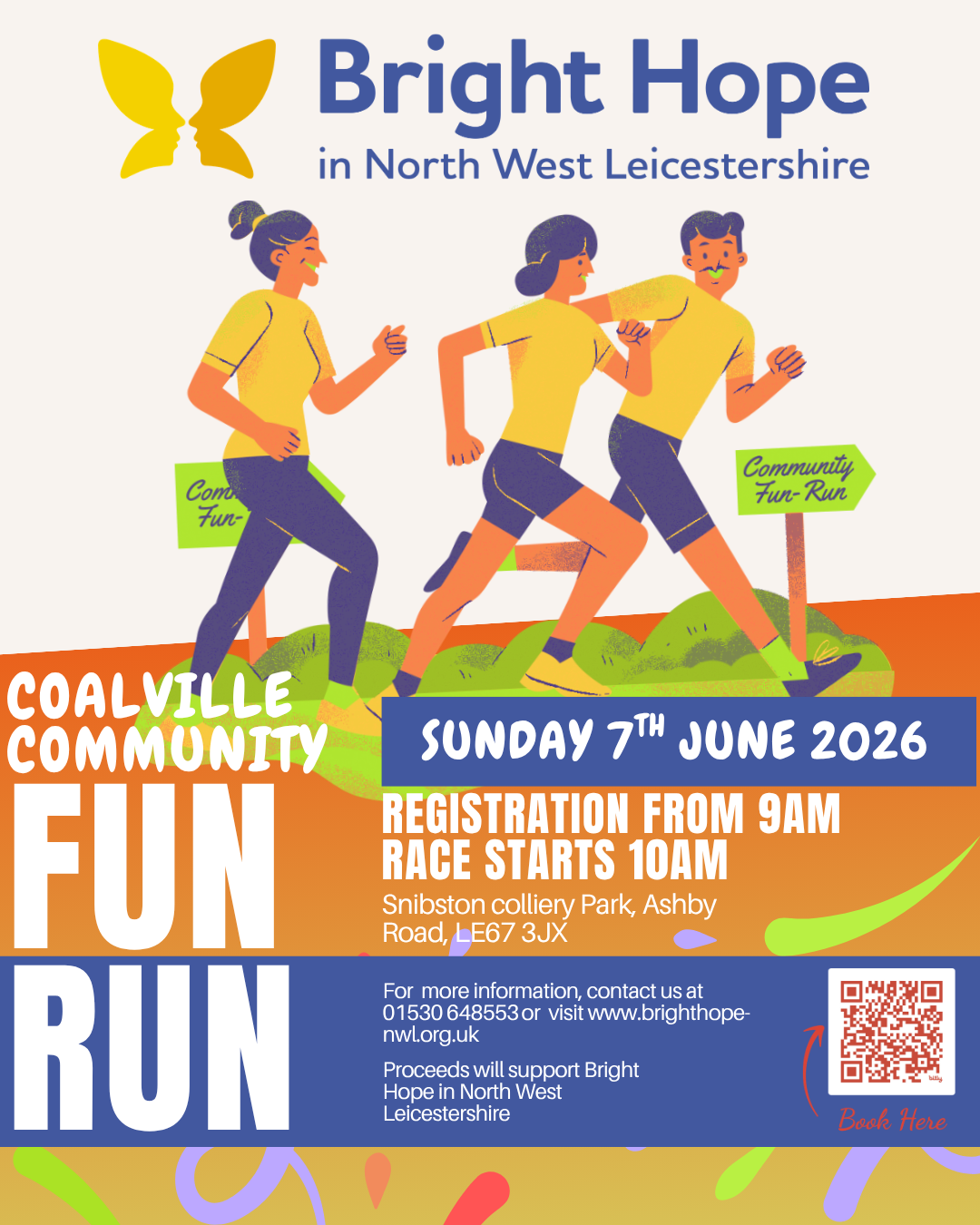 Bright Hope North West Leicestershire fun run poster with runners, date, start time, and QR code