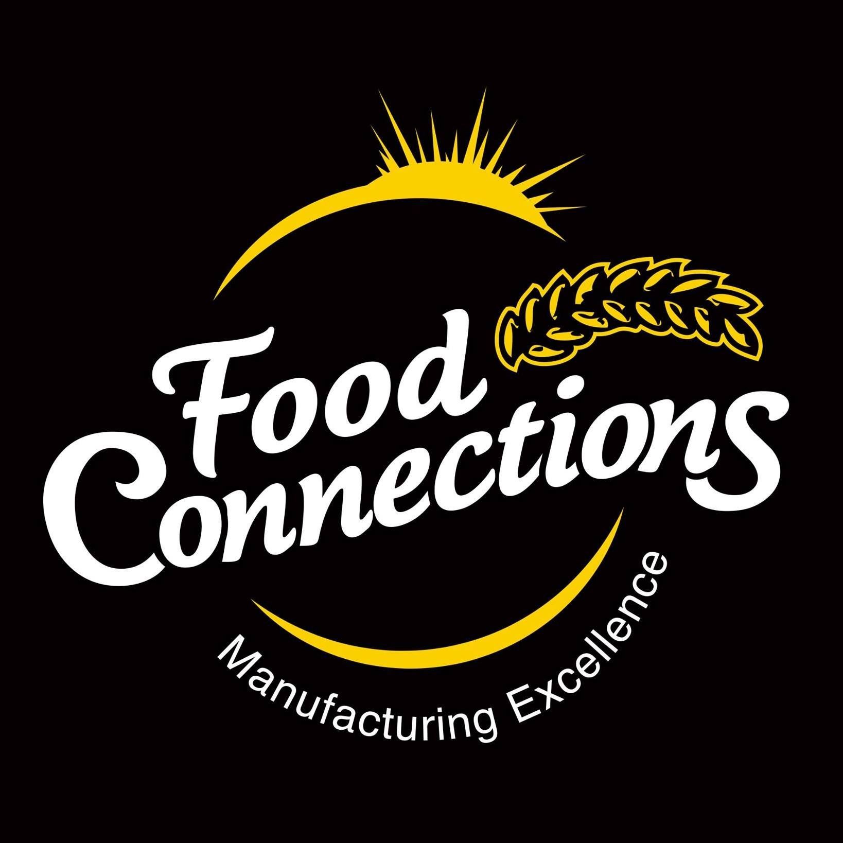 Food Connections logo with white text, golden wheat and sunrise on black background, “Manufacturing Excellence” tagline