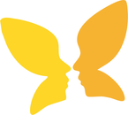 Yellow butterfly-shaped logo with two mirrored faces facing each other
