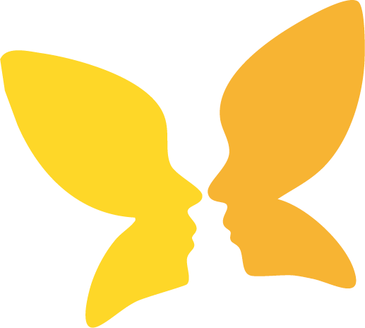 Two yellow butterfly wings shaped like human faces facing each other on a white background