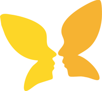 Yellow butterfly-shaped logo with two mirrored faces facing each other