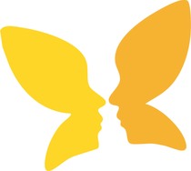 Yellow butterfly-shaped logo with two mirrored faces facing each other