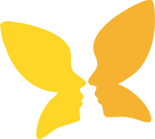 Yellow butterfly-shaped logo with two mirrored faces facing each other