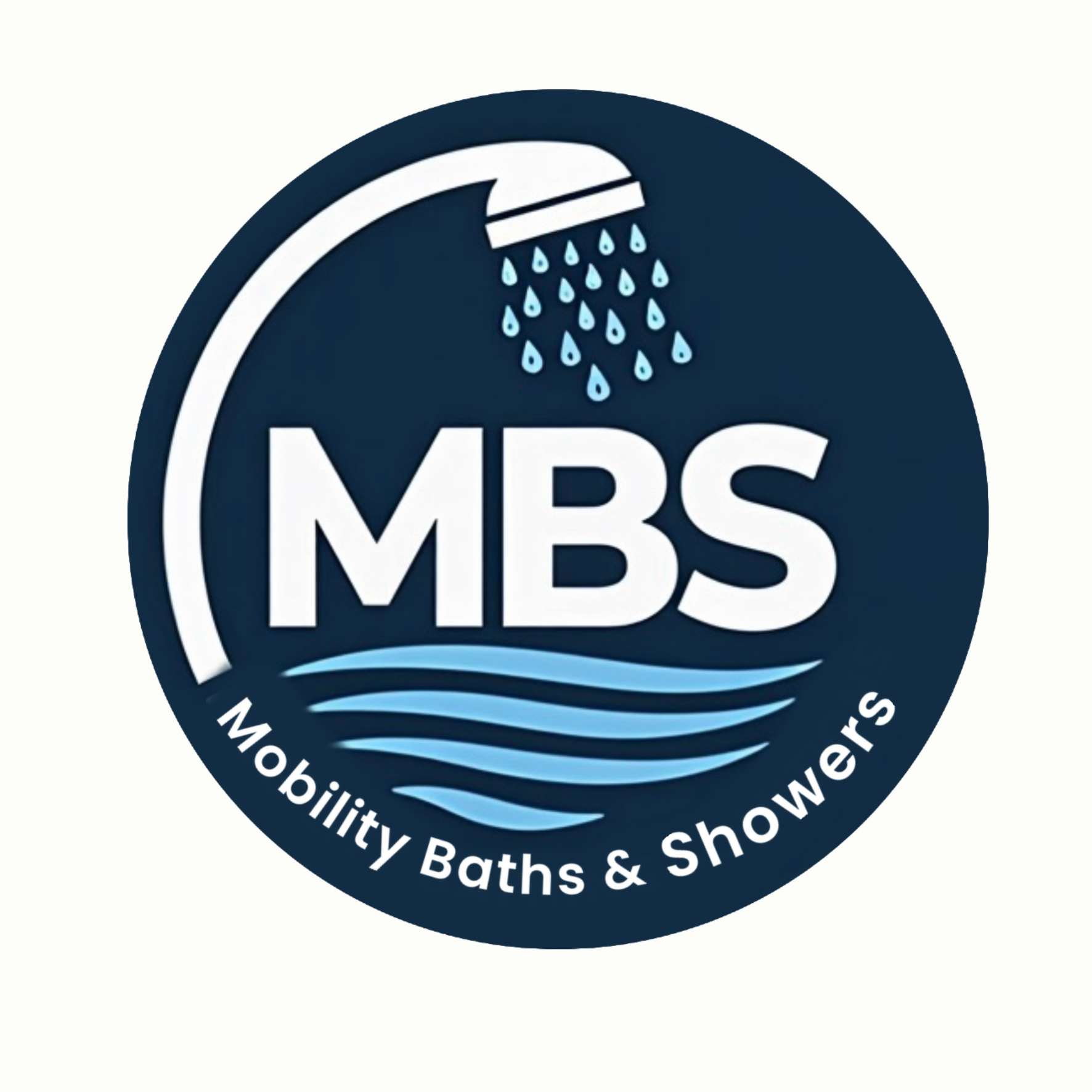 MBS Mobility Baths & Showers logo with blue circle, showerhead, water drops, and wave lines