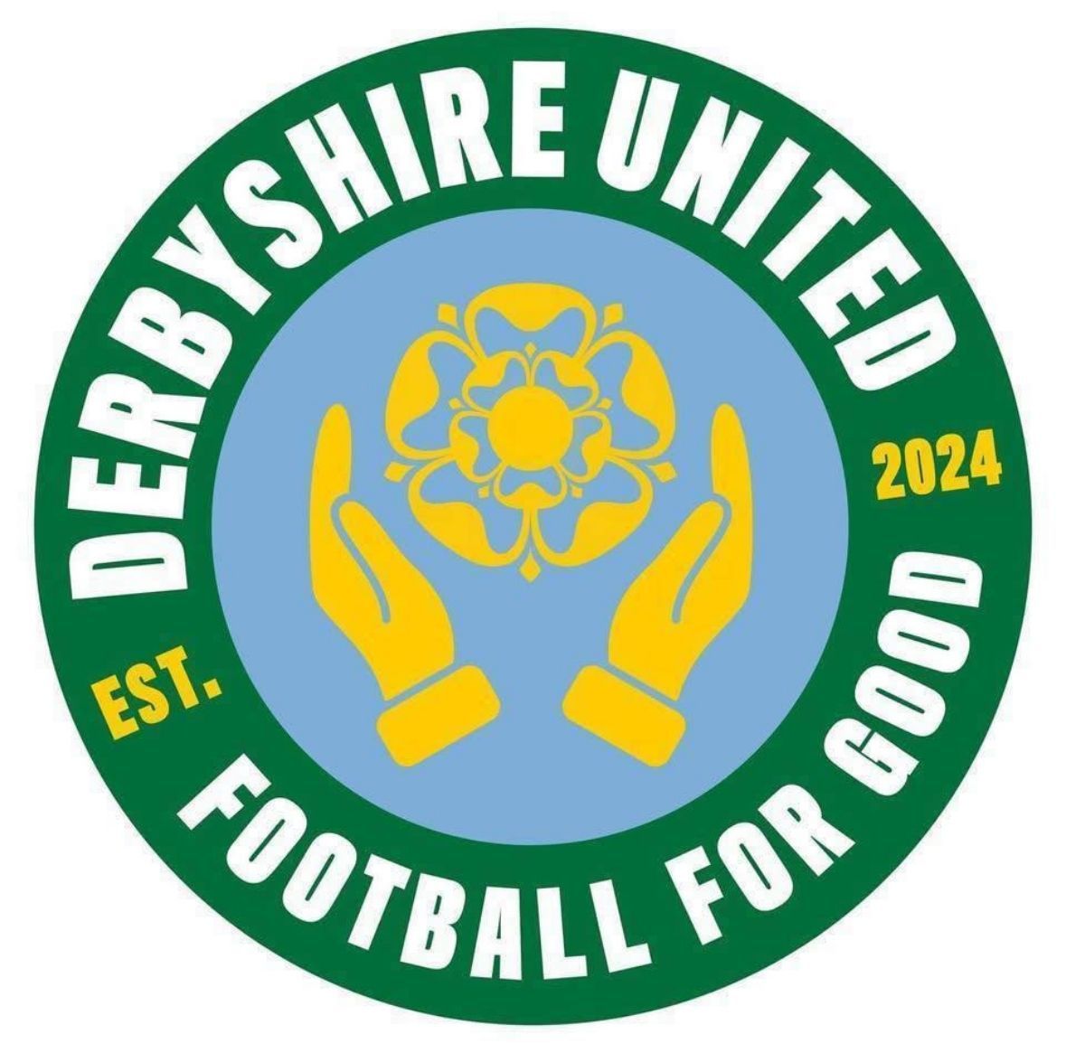 Derbyshire United Football For Good logo with hands and flower, green and yellow circle, EST. 2024