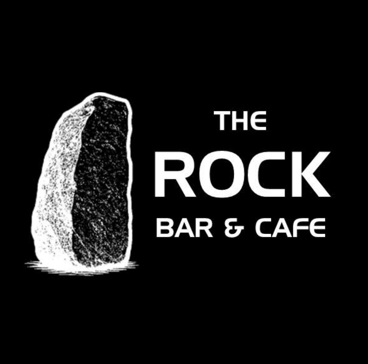 Logo for The Rock Bar & Cafe: white rock icon and text on a black background