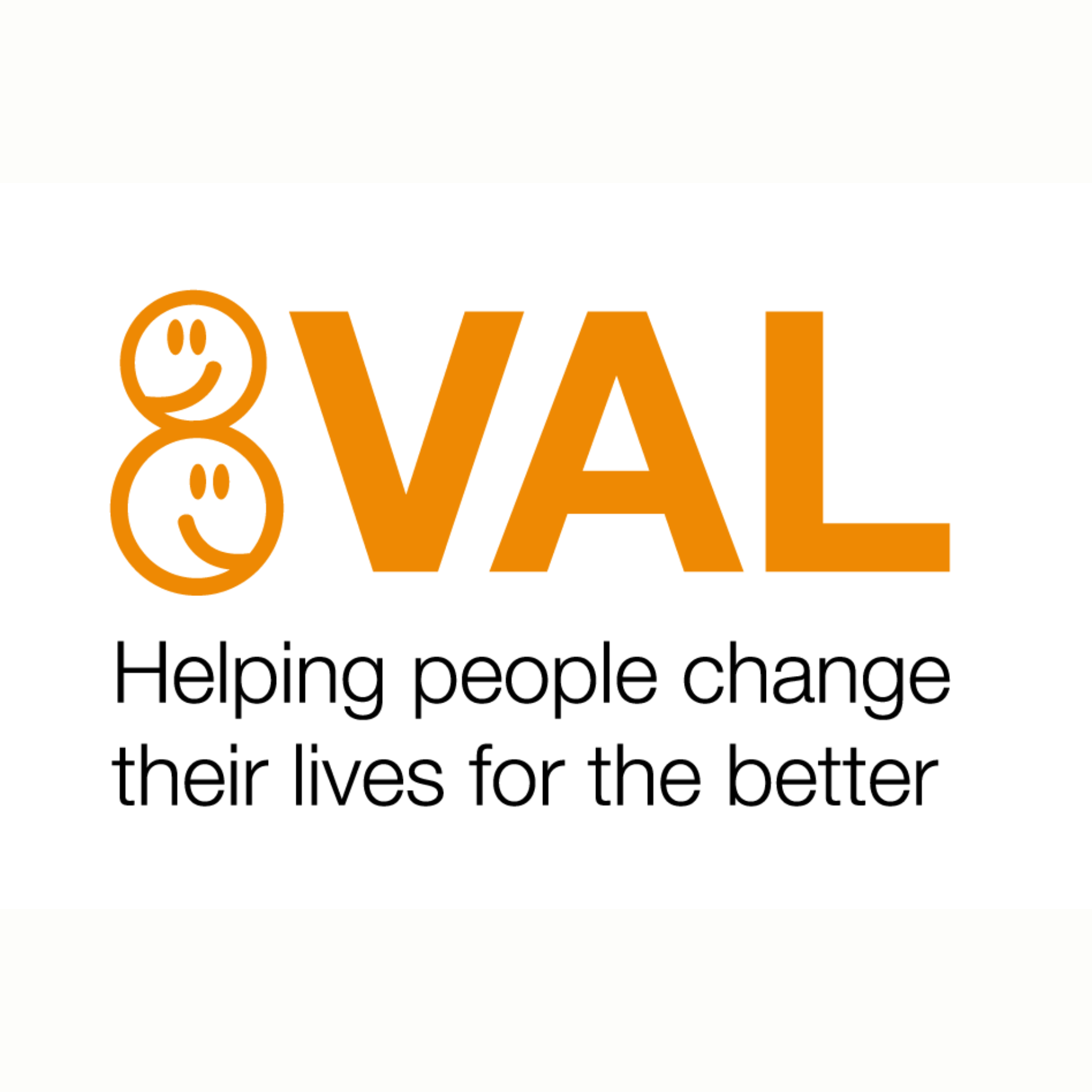 Orange VAL logo with smiling faces and the tagline “Helping people change their lives for the better”