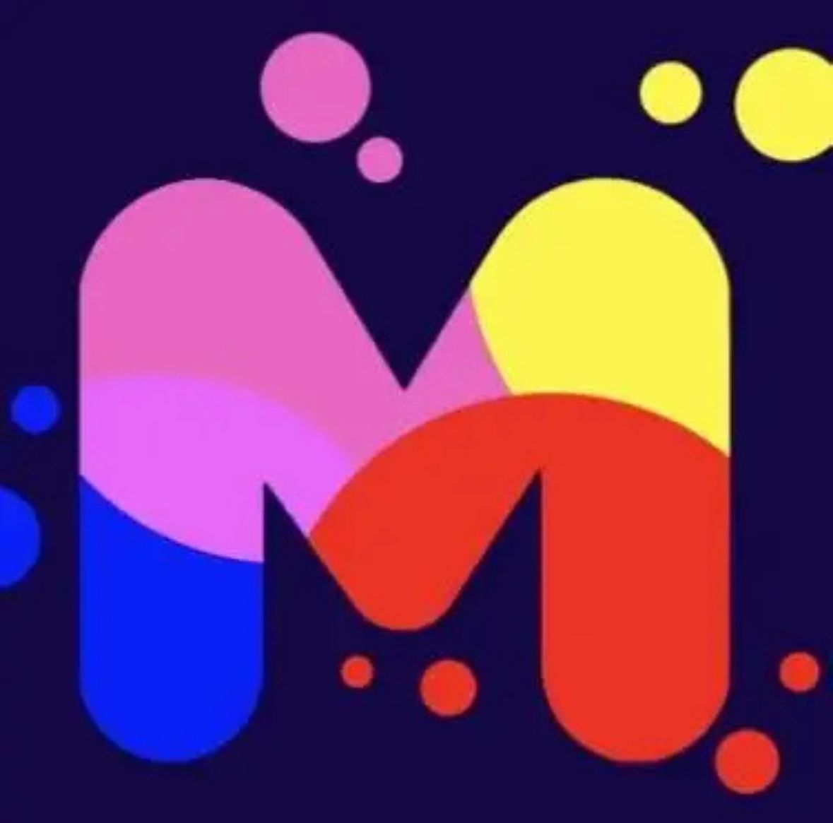 Colorful stylized “M” logo in pink, purple, blue, red, and yellow on a dark background