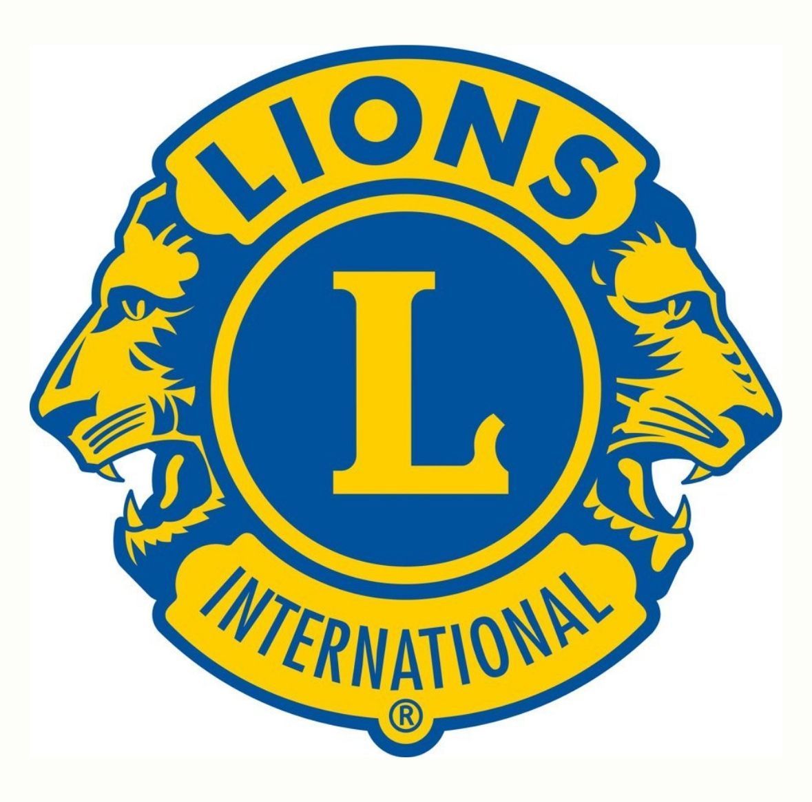 Blue and gold Lions International logo with a large L and two lion heads