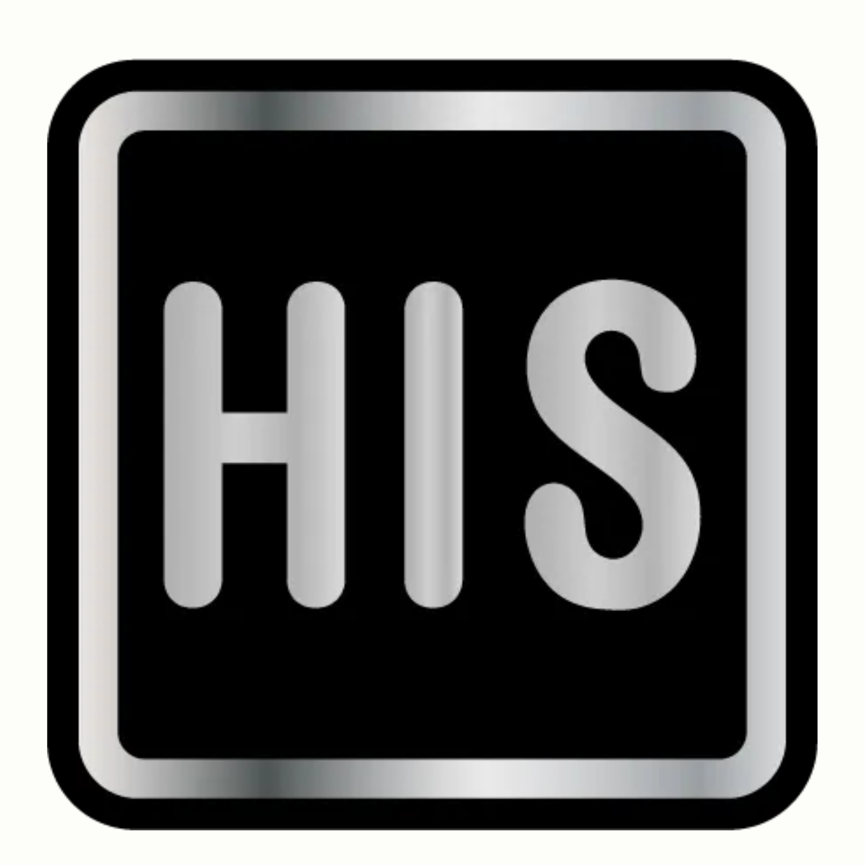 Black square icon with silver border and the letters “HIS” in silver