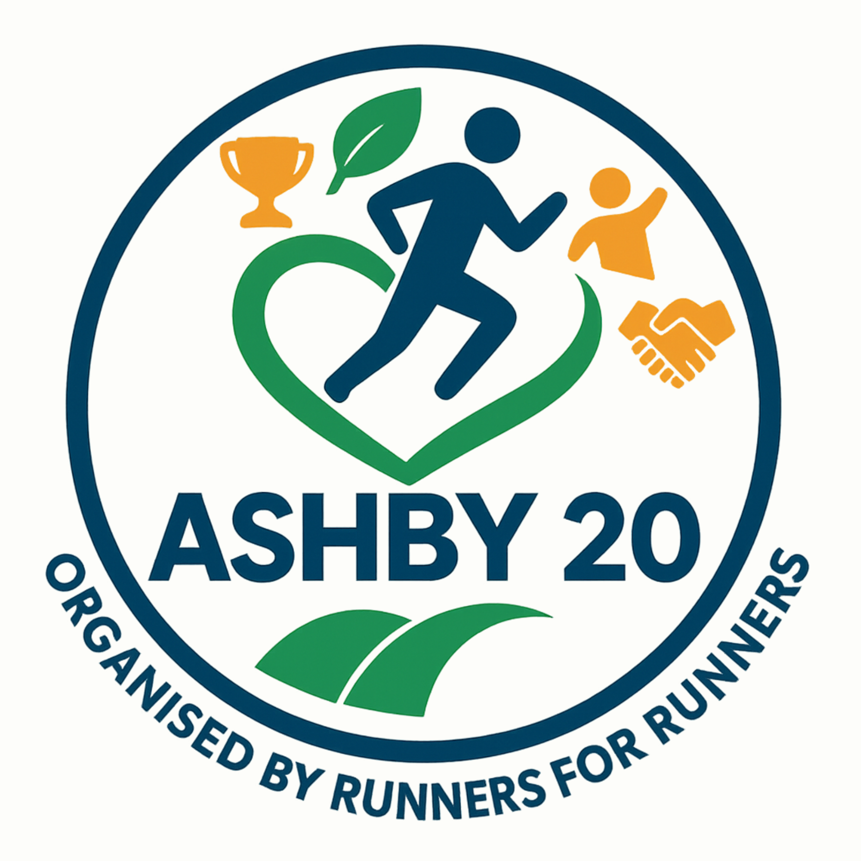ASHBY 20 running event logo with runner, trophy, leaf, handshake, and “Organised by runners for runners” text