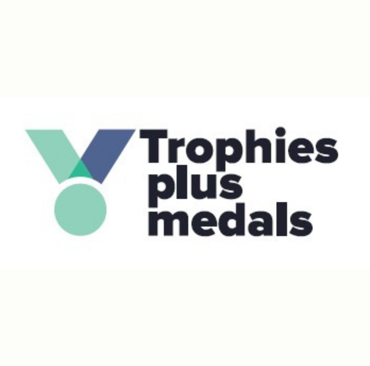Trophies plus medals logo with teal and navy medal icon on a light background