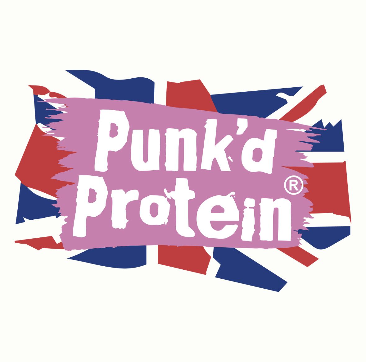 Punk’d Protein logo with white text on a pink brushstroke over a red, white, and blue Union Jack background
