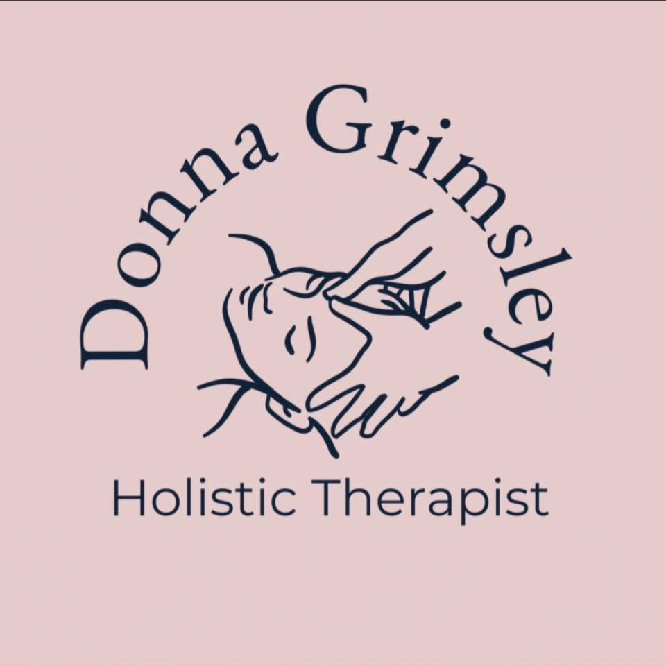 Logo for Donna Grimsley Holistic Therapist on a pink background, with a line-art face and hands.