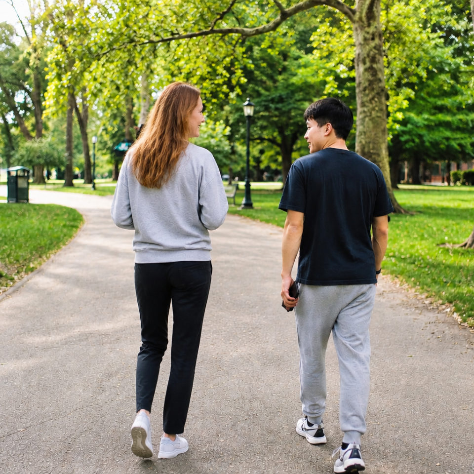 Two people walking on a tree-lined park path, seen from behind.