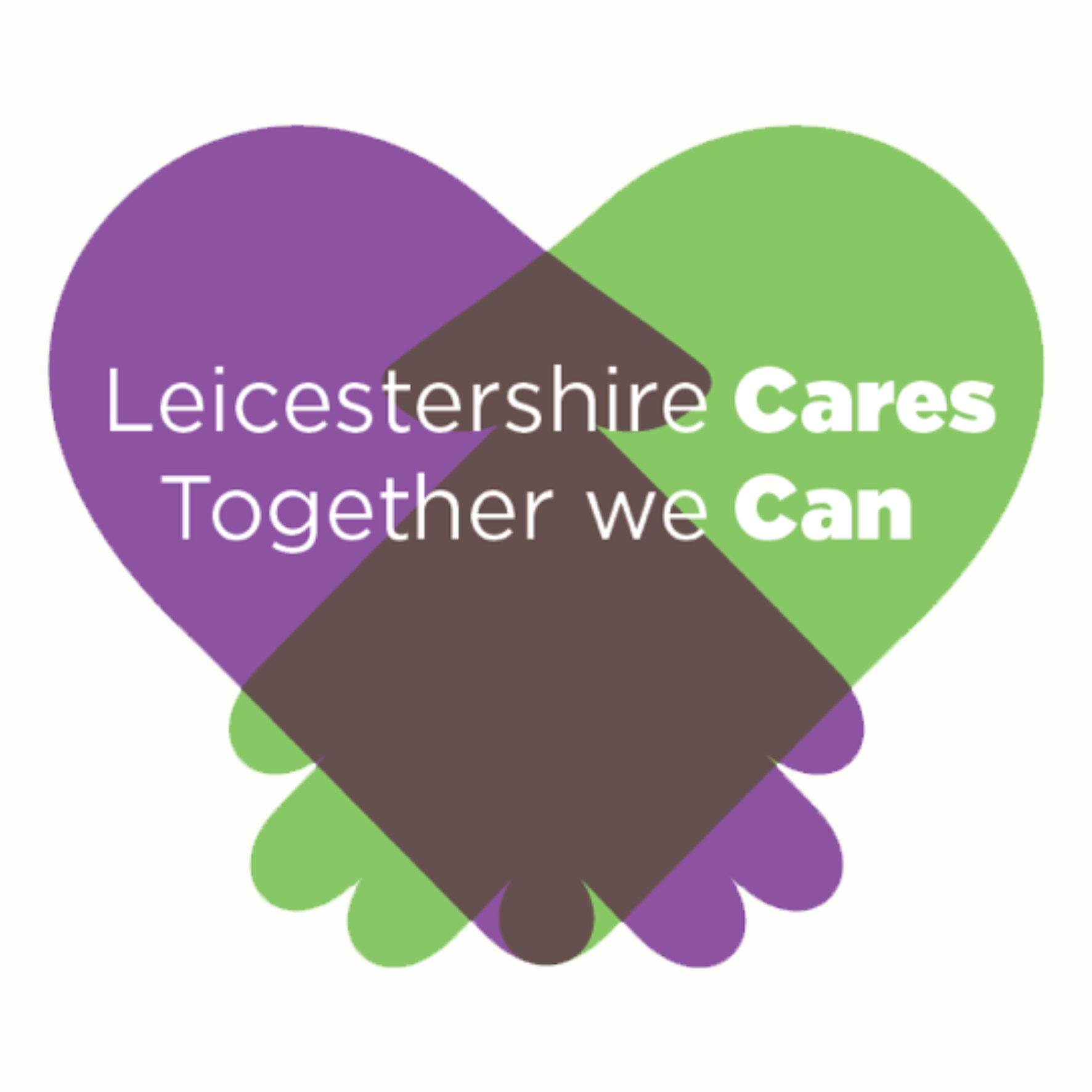 Leicestershire Cares Together we Can logo with overlapping purple and green hearts and a brown diamond shape