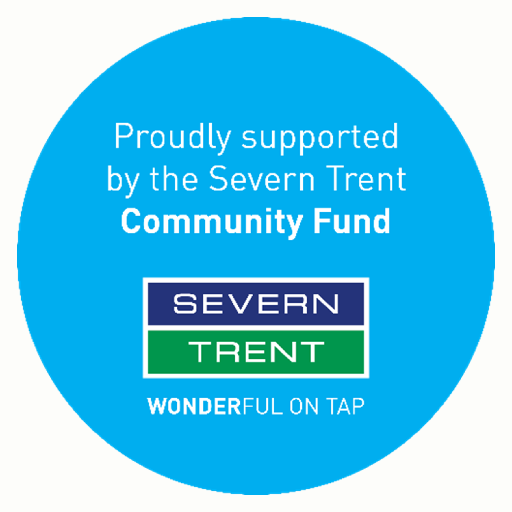 Blue logo badge reading “Proudly supported by the Severn Trent Community Fund” with Severn Trent branding.