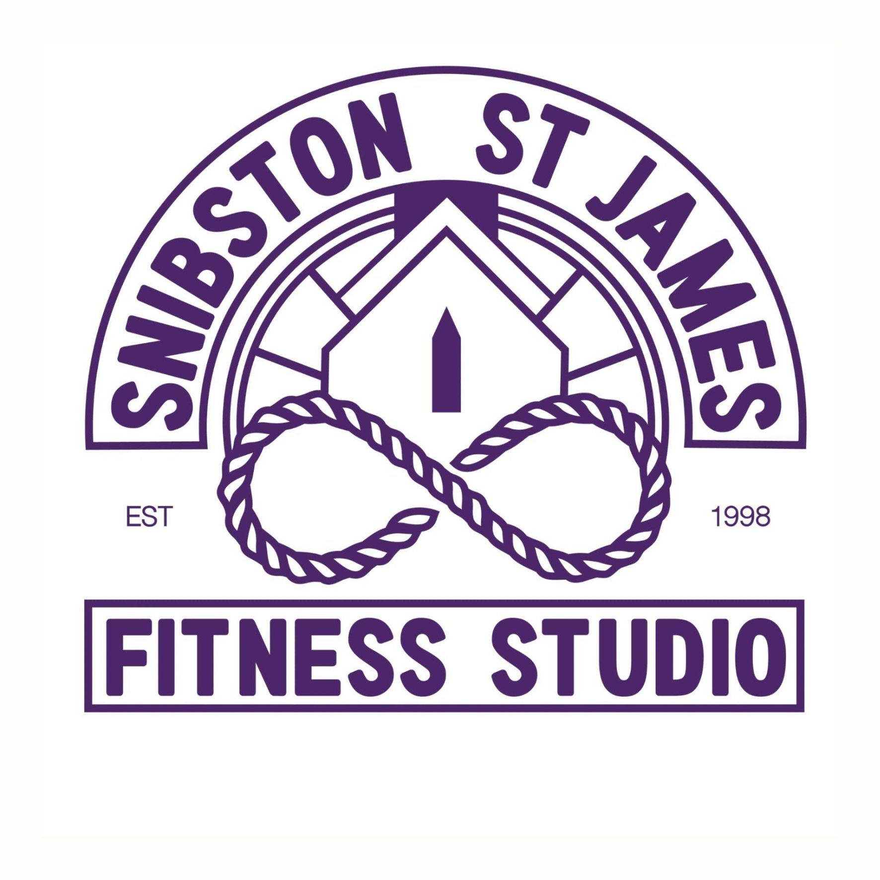 Snibston St James Fitness Studio logo in purple with rope-style infinity symbol and house outline on white background