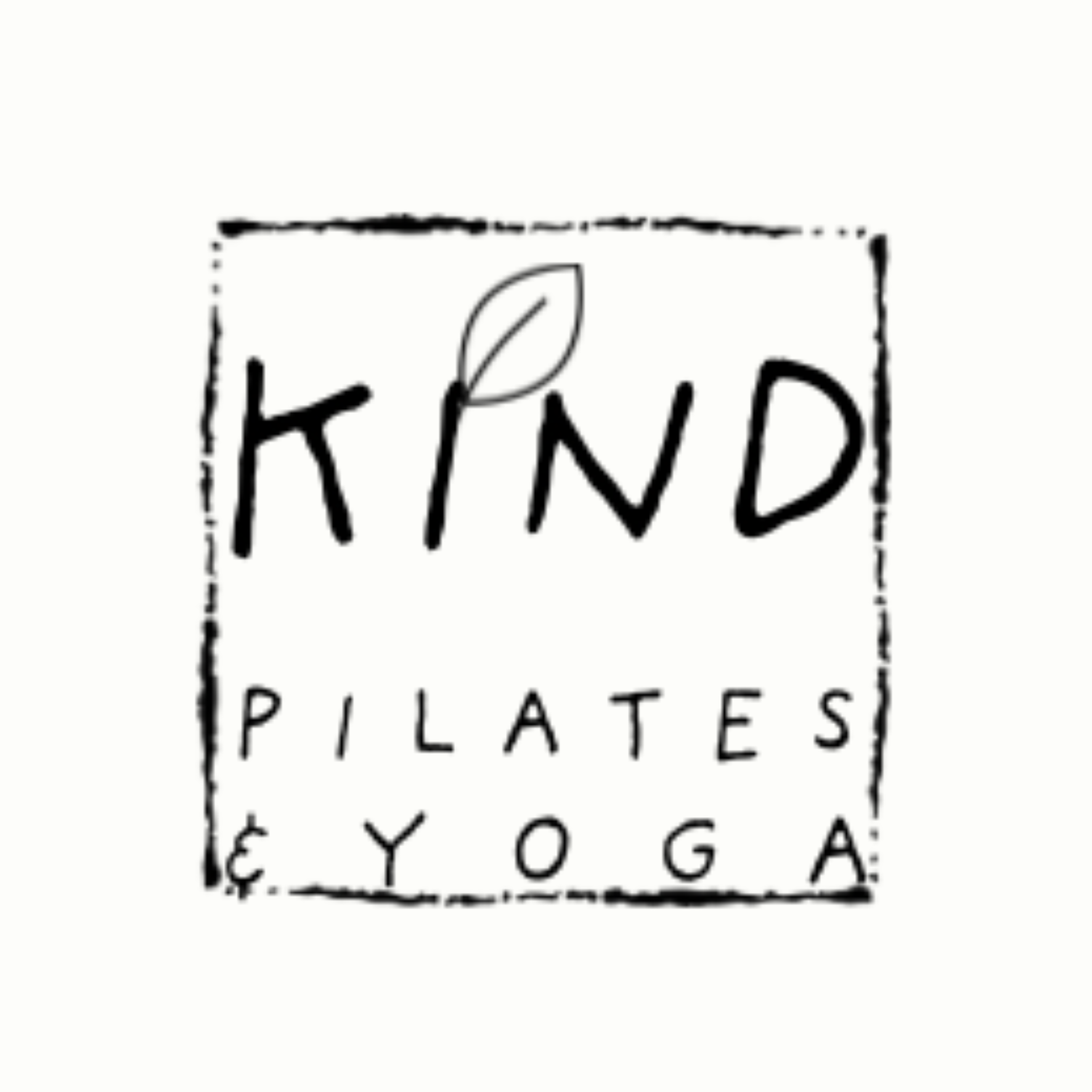 KIN D Pilates & Yoga logo in black hand-drawn text inside a square border