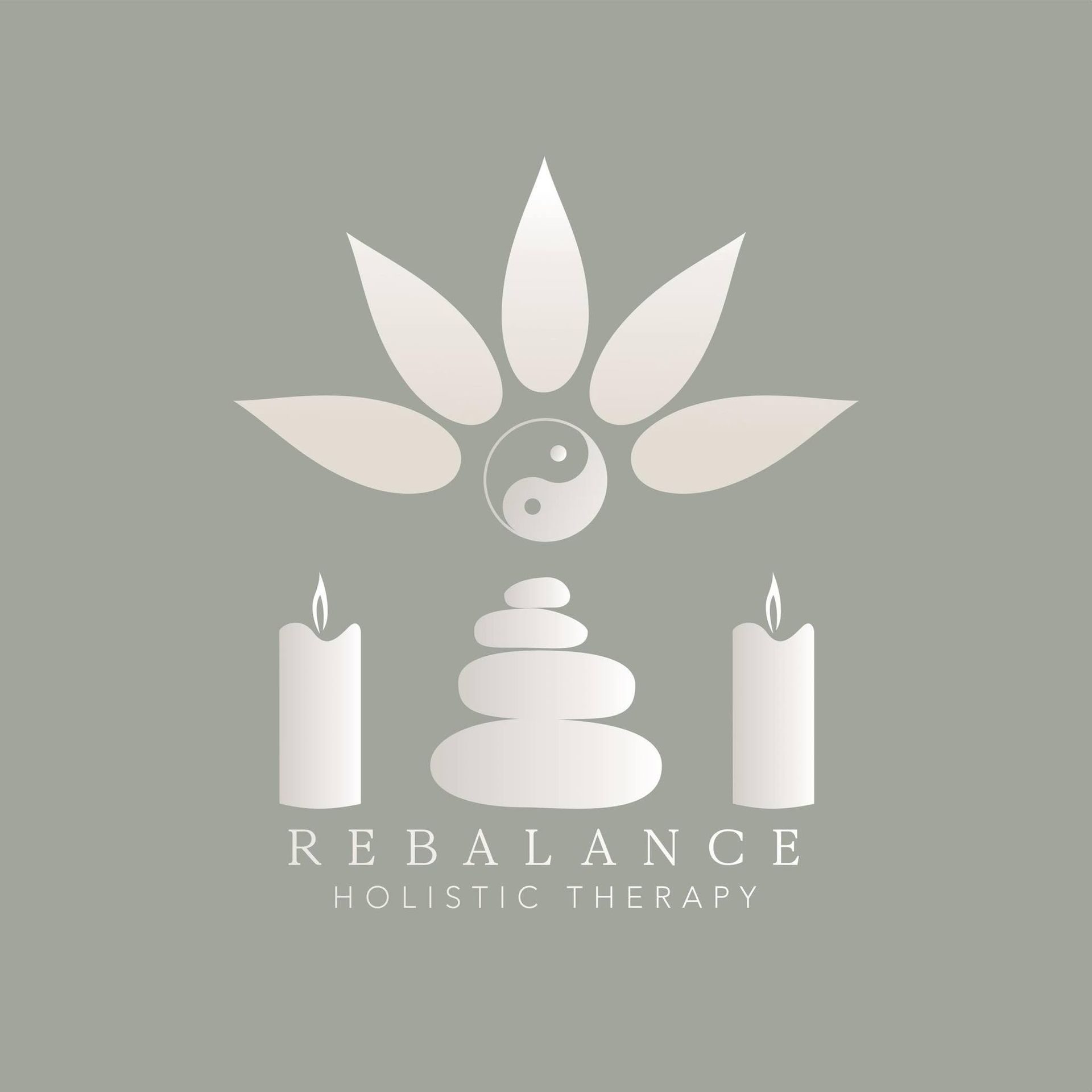 Logo for Rebalance Holistic Therapy with lotus, yin-yang, candles, and stacked stones on a gray background