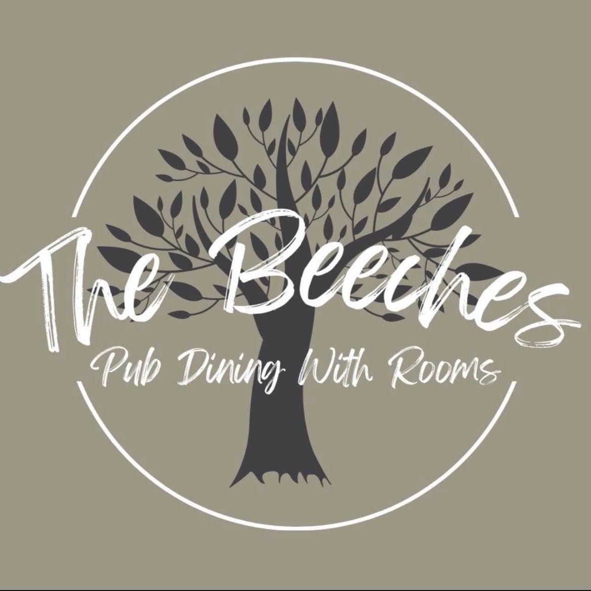 Logo for The Beeches, featuring a tree inside a circle on a beige background with the tagline “Pub Dining With Rooms.”