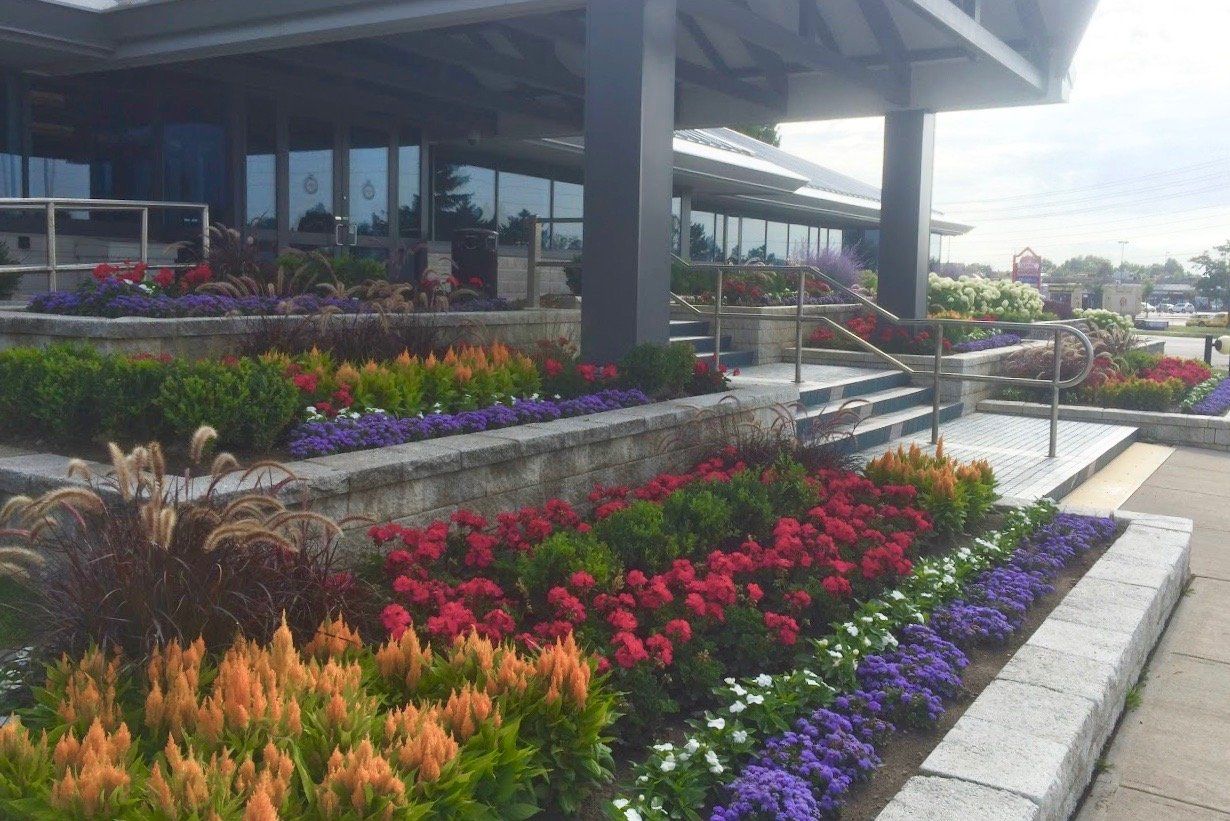 A large building with a lot of flowers in front of it.