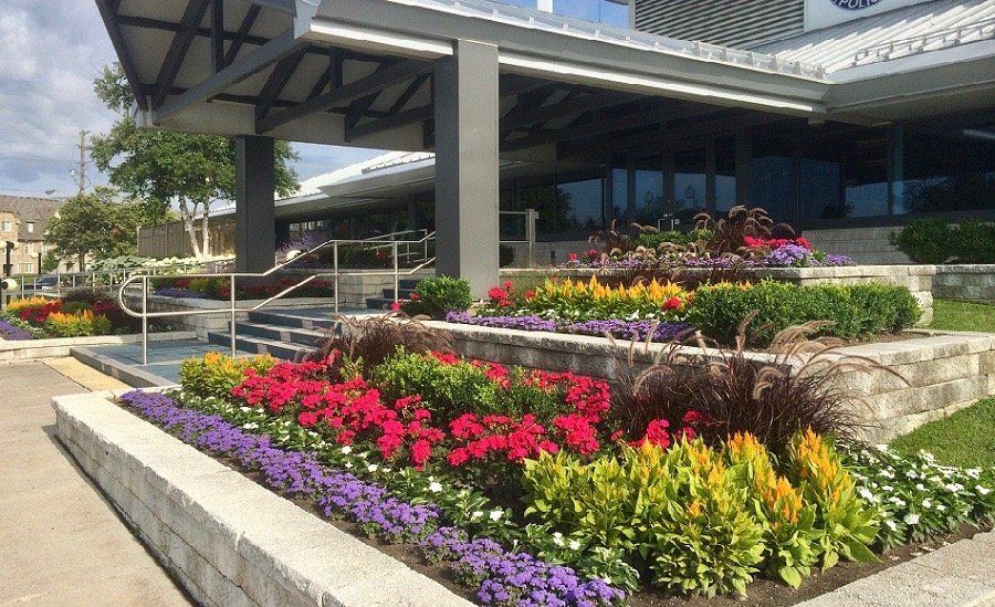 A large building with a lot of flowers in front of it