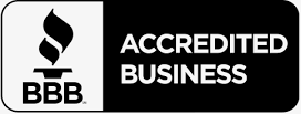 A black and white logo for an accredited business