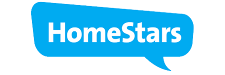 A blue speech bubble with the word homestars on it