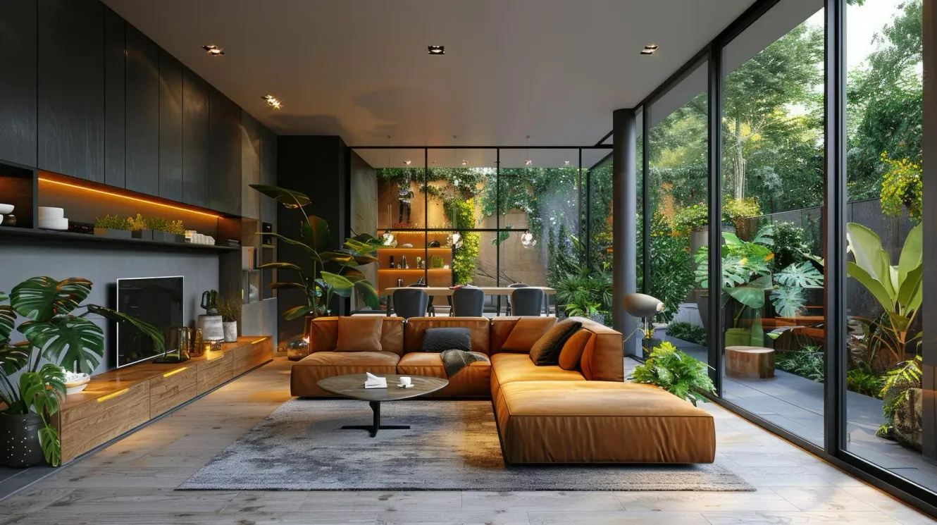 Modern living room with brown sectional sofa, floor-to-ceiling windows overlooking a lush garden.
