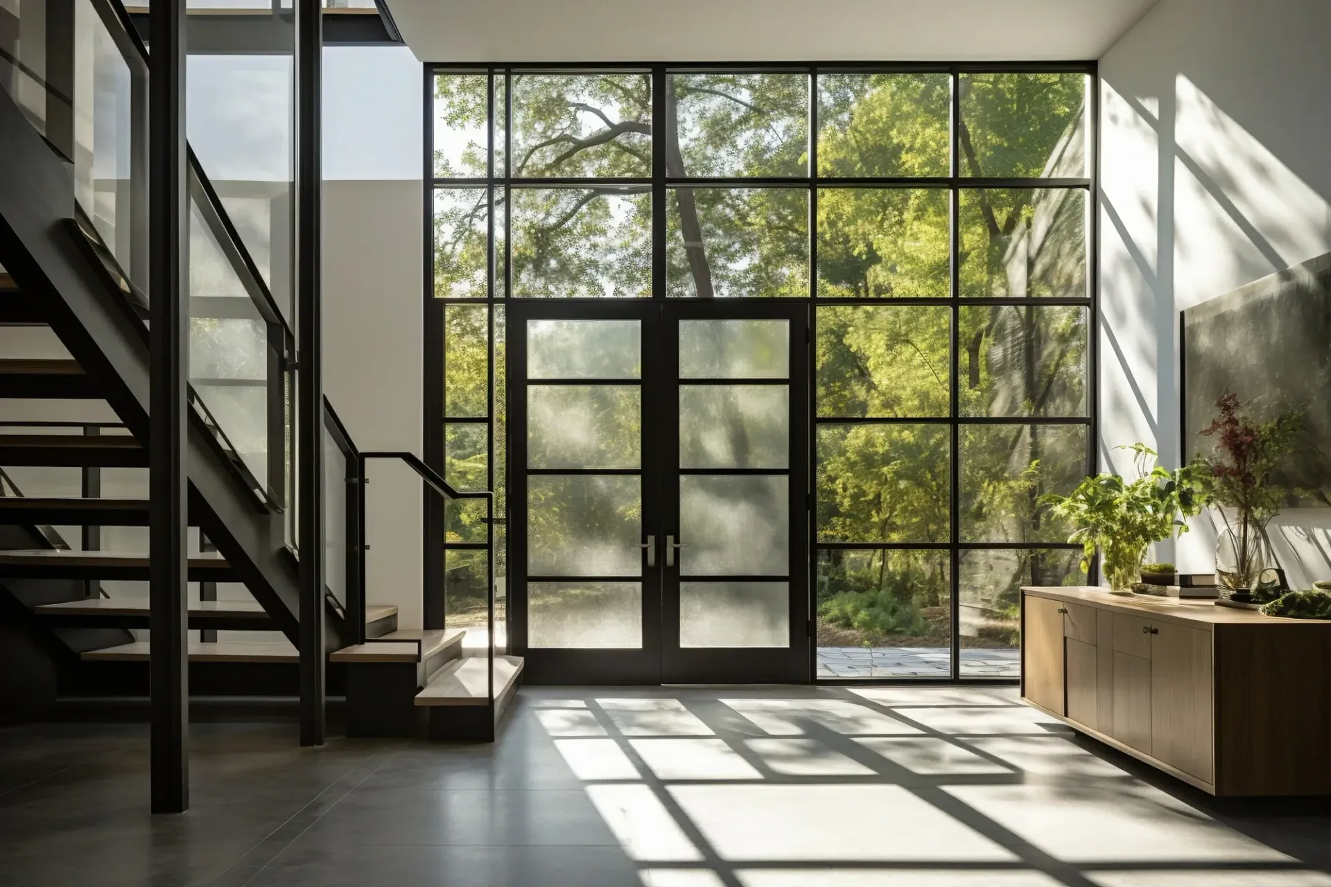 Interior con una gran ventana y puerta enmarcadas en metal negro. La luz natural ilumina la habitación.