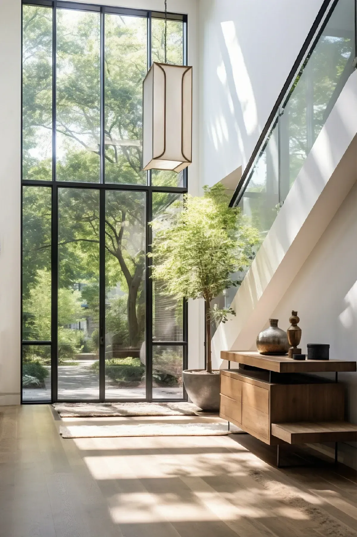 Un interior moderno con grandes ventanales con vistas a un frondoso árbol. Se ven un armario de madera y una escalera.