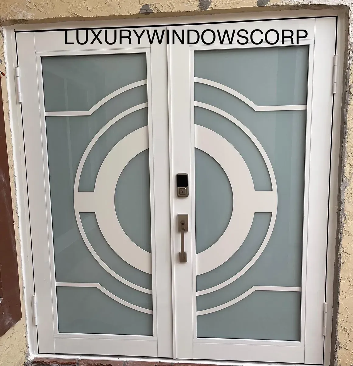 White double doors with circular design, frosted glass, and hardware.