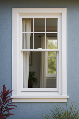 White-framed window with six panes against blue stucco; red and green plants below.