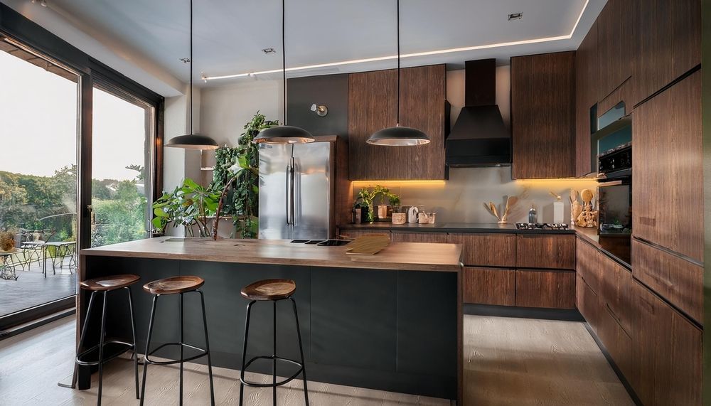 Modern kitchen with dark wood cabinets, black island stools, pendant lights, and large windows overlooking greenery