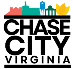 The words CHASE CITY VIRGINIA under a colorful, stylized silhouette of local buildings and tobacco leaves. The words CHASE CITY VIRGINIA under a colorful, stylized silhouette of local buildings and tobacco leaves.