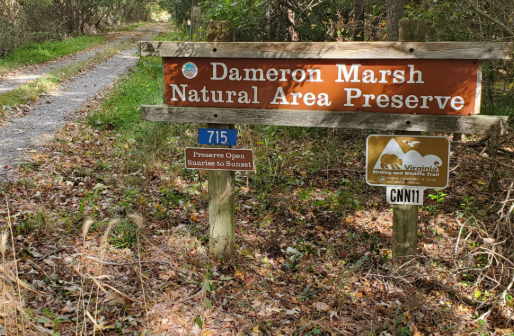 Sign for Dameron Marsh Natural Area Preserve amidst lush greenery. A gravel path leads into the forest. Additional signs indicate hours and a trail emblem. Sign for Dameron Marsh Natural Area Preserve amidst lush greenery. A gravel path leads into the forest. Additional signs indicate hours and a trail emblem.