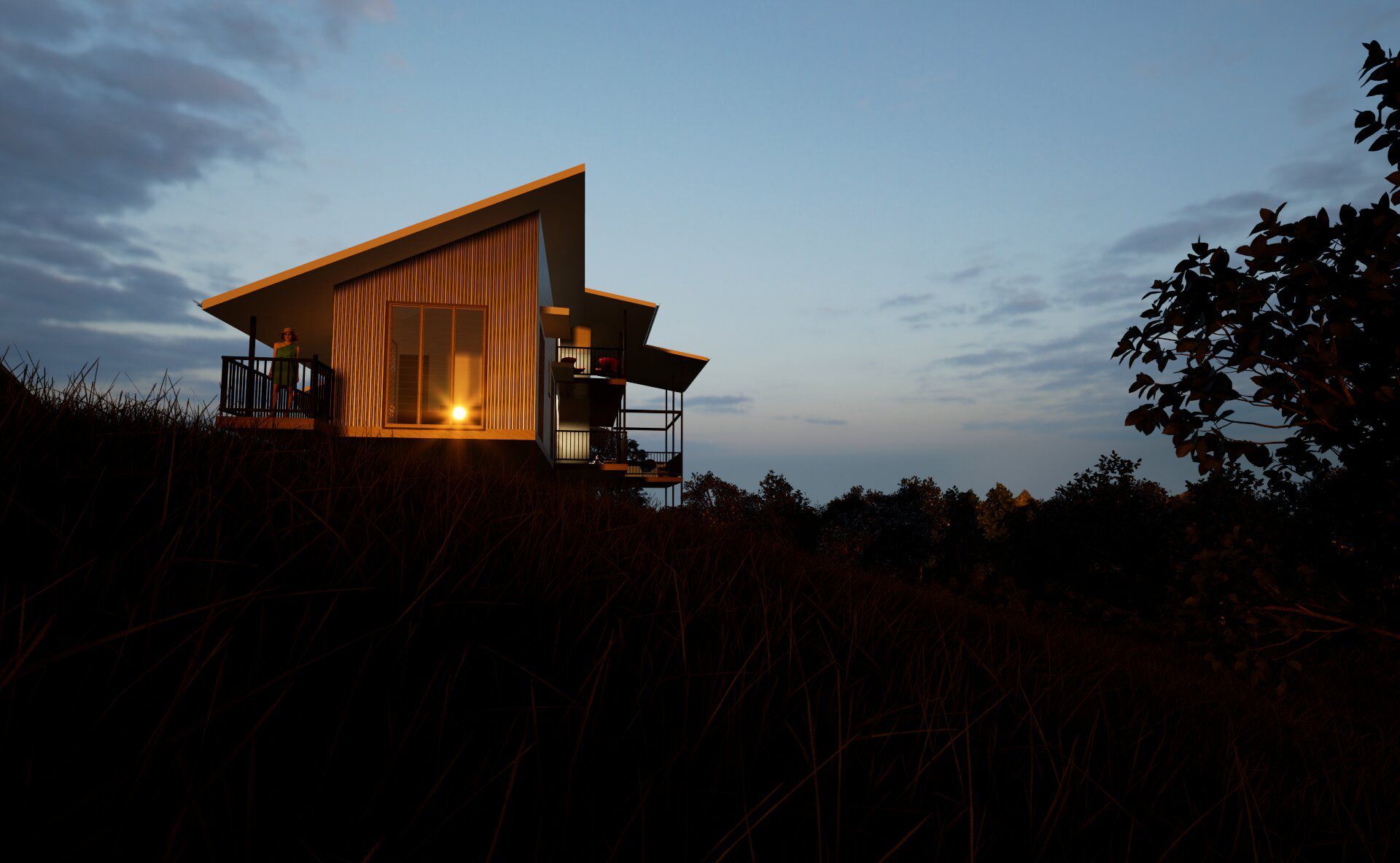 Modern house at dusk with a warm porch light, silhouetted against a blue evening sky.