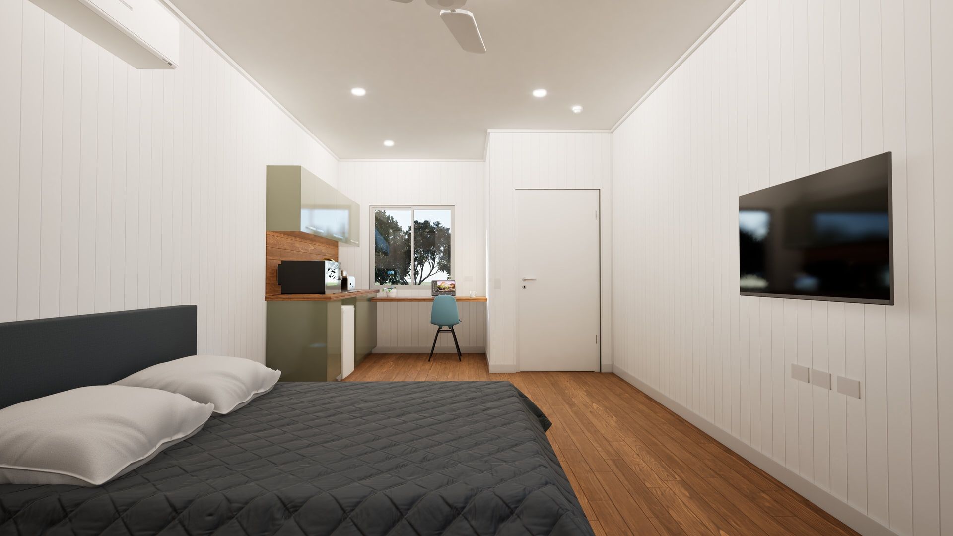 Bright modern bedroom with a bed, desk, chair, wall-mounted TV, and wood flooring.