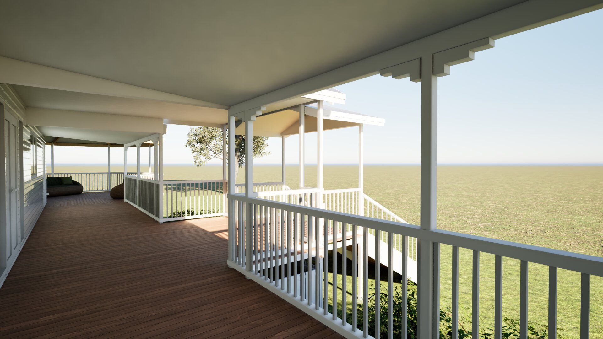 Covered balcony overlooking a calm, sunlit ocean with white railings and wooden decking