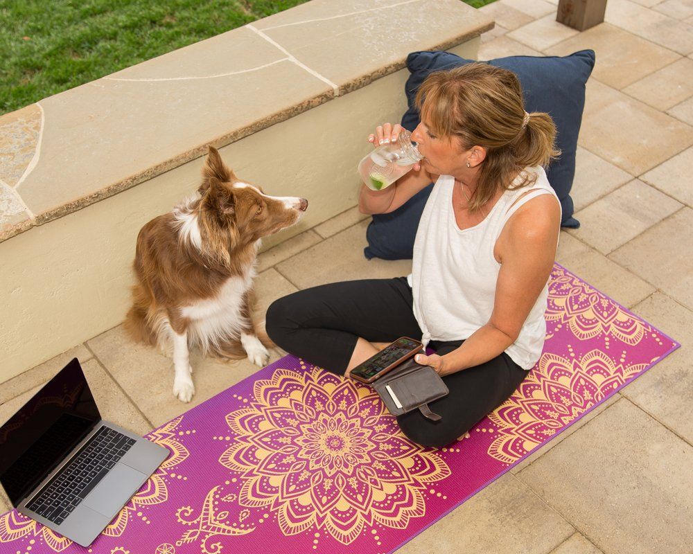 A woman is sitting on a yoga mat with a laptop and a dog.