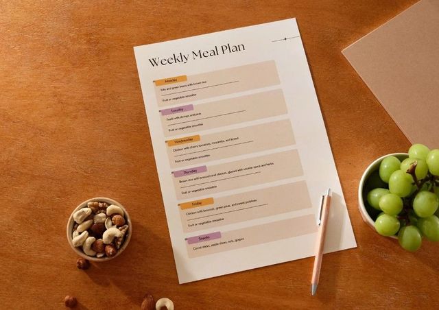 A printed weekly meal plan with fruit and nuts on a table
