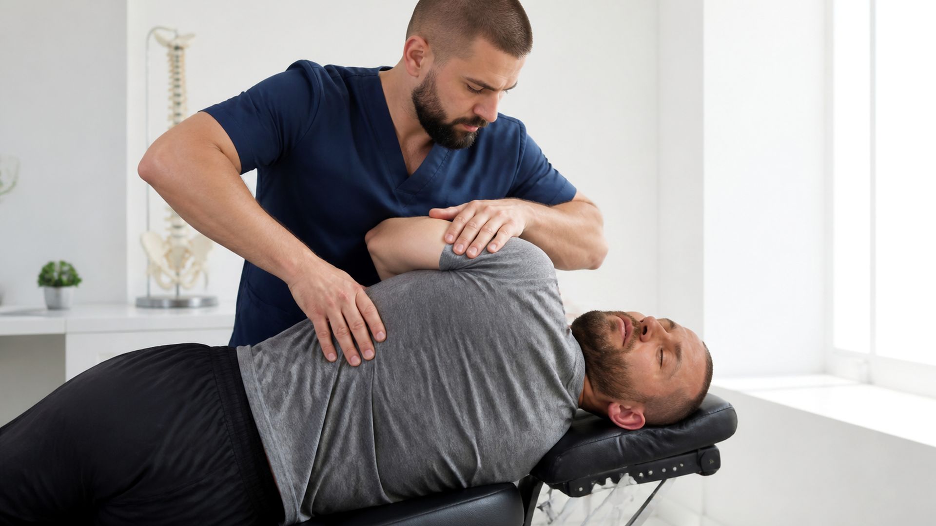 Therapist performing spinal adjustment on a patient lying on a treatment table in a bright clinic