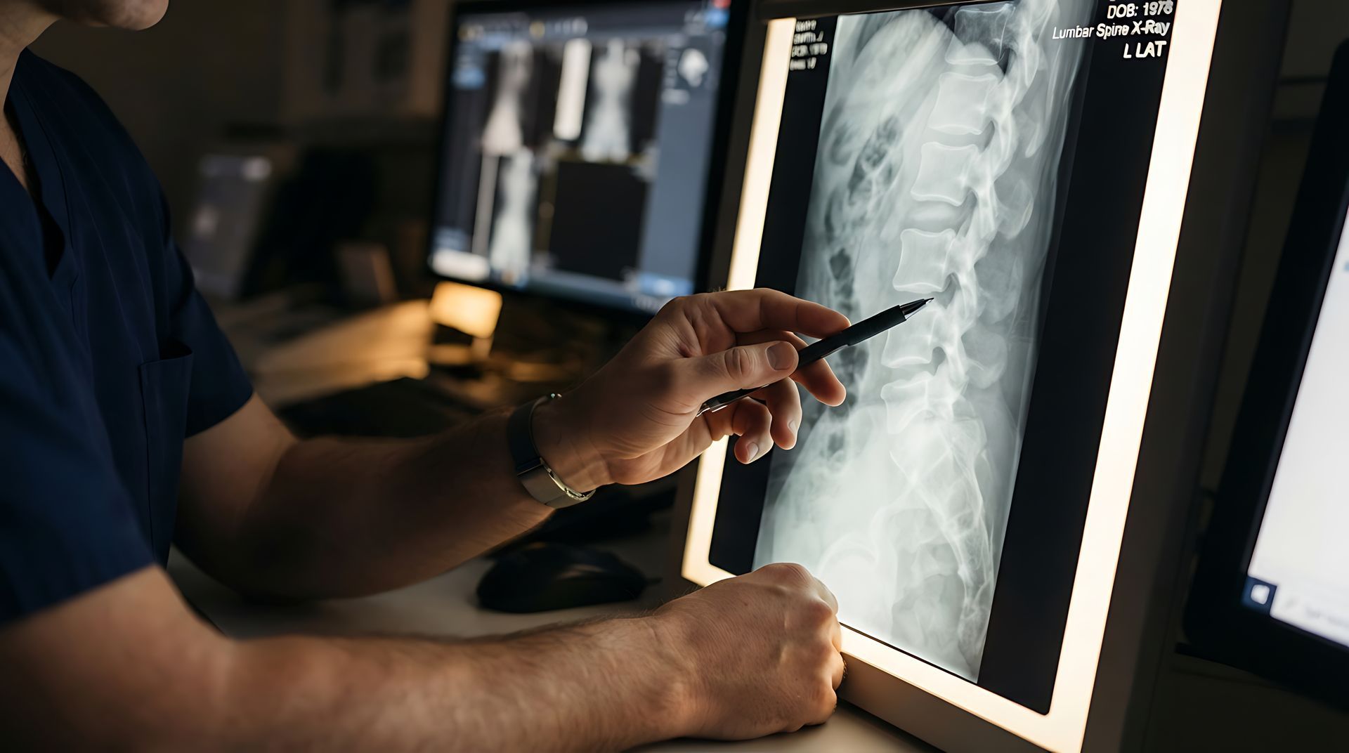 Technician positioning a woman for a chest X-ray in a medical imaging room